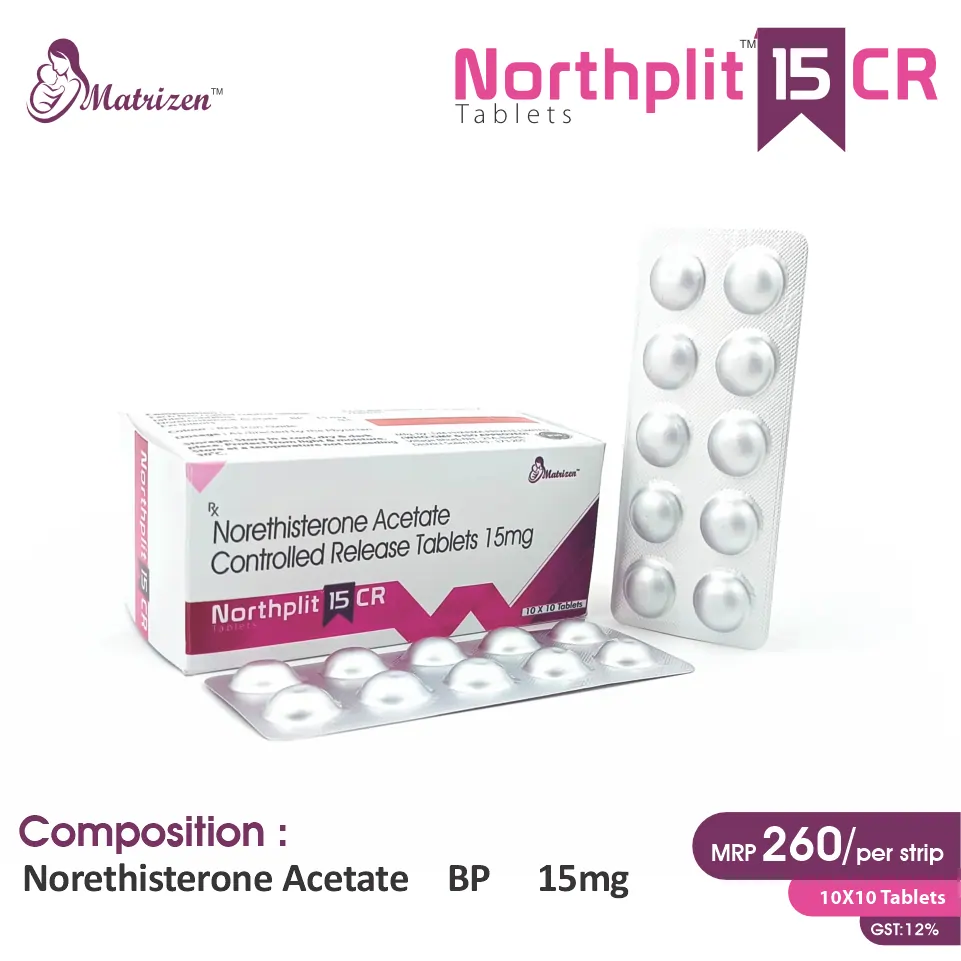 Norethisterone (15mg) Tablet at the best price in PCD Pharma Franchise for Progestin, Hormonal Regulation, and Menstrual Disorders.